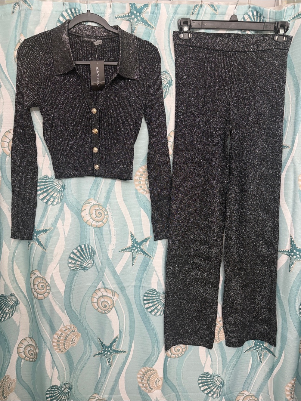 Hot & Delicious Black Metallic Knit Wide-Leg Pants Set